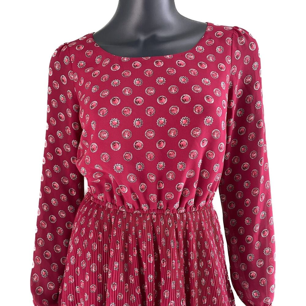 Elle Pink Pleated Dress Long Sleeve Jewel Print strawberry Pink XS - Picture 2 of 13